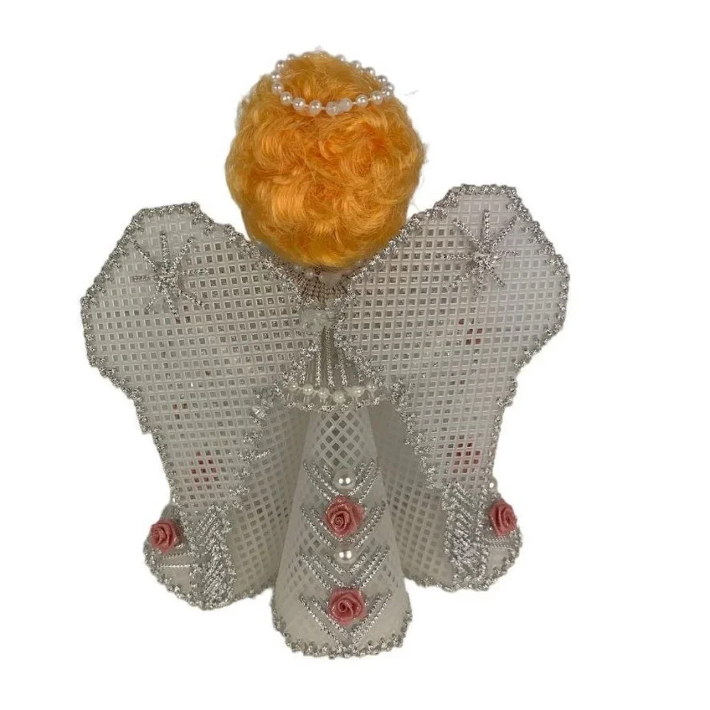 Handmade Vintage Angel Christmas Tree Topper Plastic Canvas Roses Pearl Beads 8